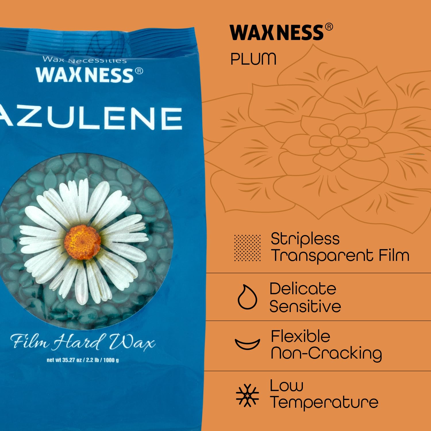 Waxness Film Hard Wax Beads Azulene 2.2 lb (1 kg) – Stripless Professional Hard Wax with Azulene for Face & Body, Smooth Application – Made in Italy