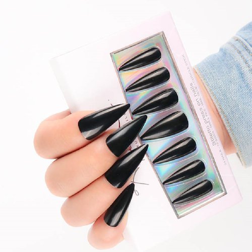 Allkem Press On Nails - Black Red Bottoms Glossy Extra Long Sculpted Stiletto 2 Set Bundle | 10 sizes - 20 pcs Nail kit with Glue