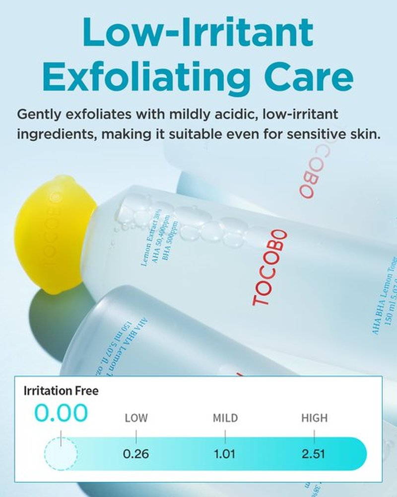 TOCOBO AHA BHA Lemon Facial Toner 5.07 fl oz / 150 ml | Vitamin C and Lemon Extract, AHA, BHA, Calming and Soothing Moisturizer | Natural Ingredients, Vegan Toner, Cruelty Free