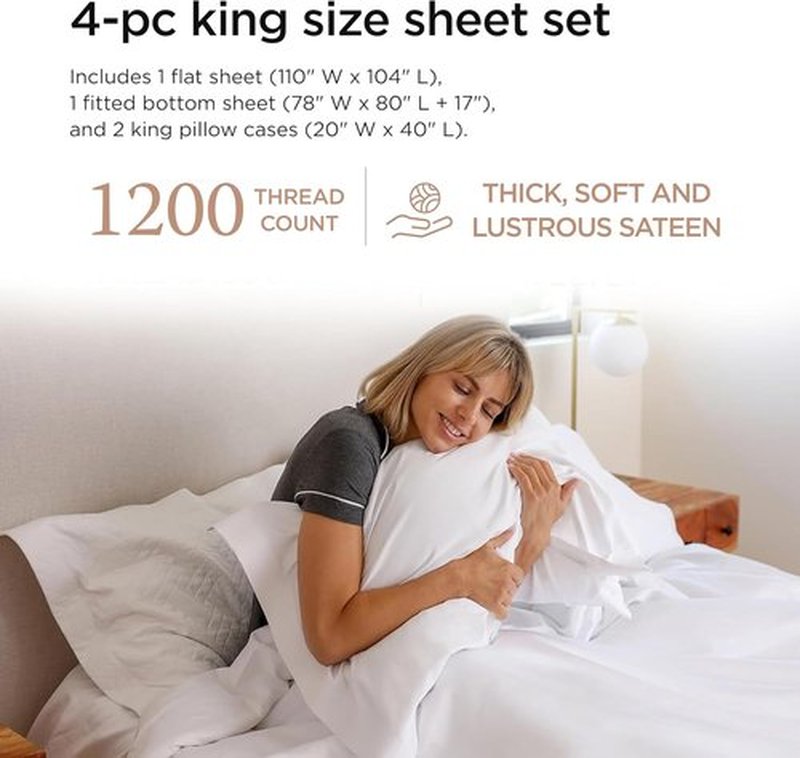 Threadmill 100% American Certified Supima Cotton King Size Sheets - 1200 Thread Count, Ultra Luxury Sateen, 4-Piece Set - White