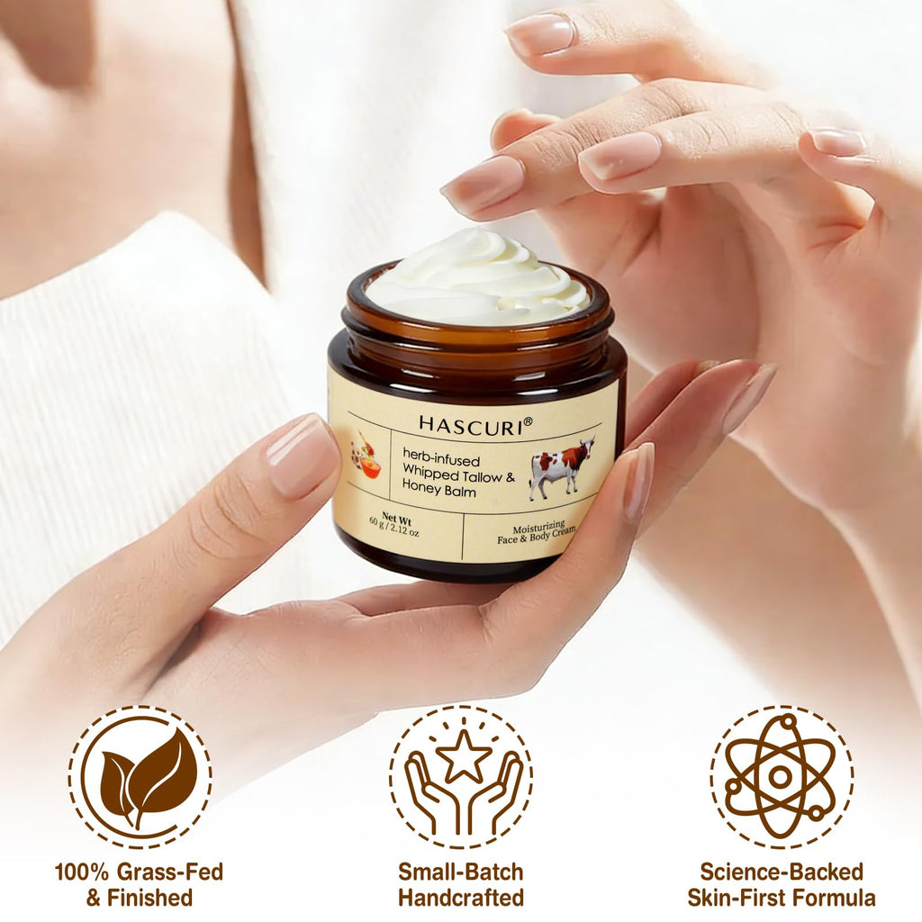 HASCURI Grass-Fed Whipped Tallow Balm - 100% Pure Beef Tallow Moisturizer for Face & Body - Rich in Vitamins E - Traditional Skin Food for Deep Hydration & Barrier Support - 2 oz