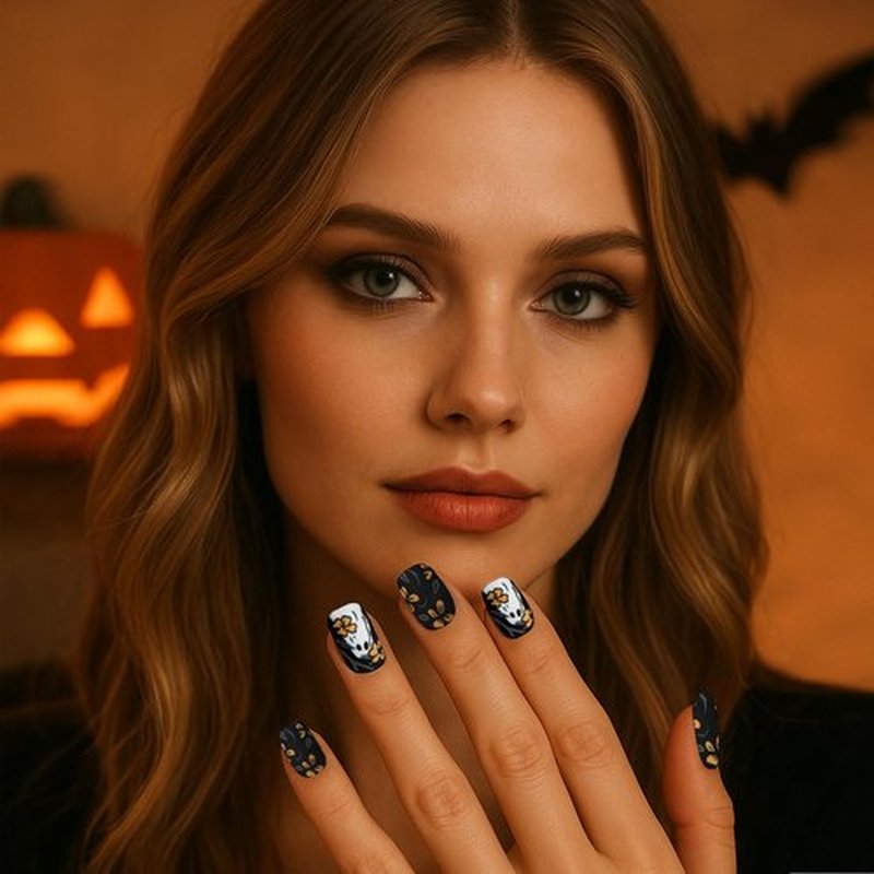 Press on Nails - Short Square Fake Nails with Yellow Flowers Cute Little Ghost Designs Black Matte Artificial Nails Full Cover Stick on Nails for Women Girls Party 12 Sizes - 24 Pcs