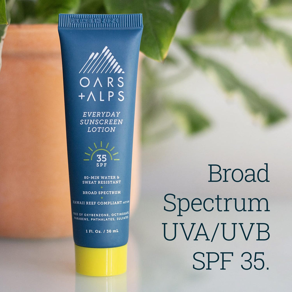 Oars + Alps Travel Sunscreen Body Lotion for Everday Use, SPF 35 Body & Face Sunscreen Lotion, Infused with Aloe & Vitamin E, No Residue, Water & Sweat Resistant, All Skin Types, Lightweight, 1oz, 5pk