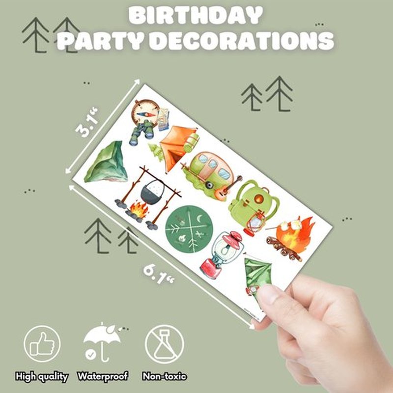Cute Camper Temporary Tattoos Camping First Birthday Party Decorations Favors Supplies 1st Themed Stickers 10 Sheets 100 PCS Gifts for Baby Kids Girls Boys Decor Class School Carnival Christmas