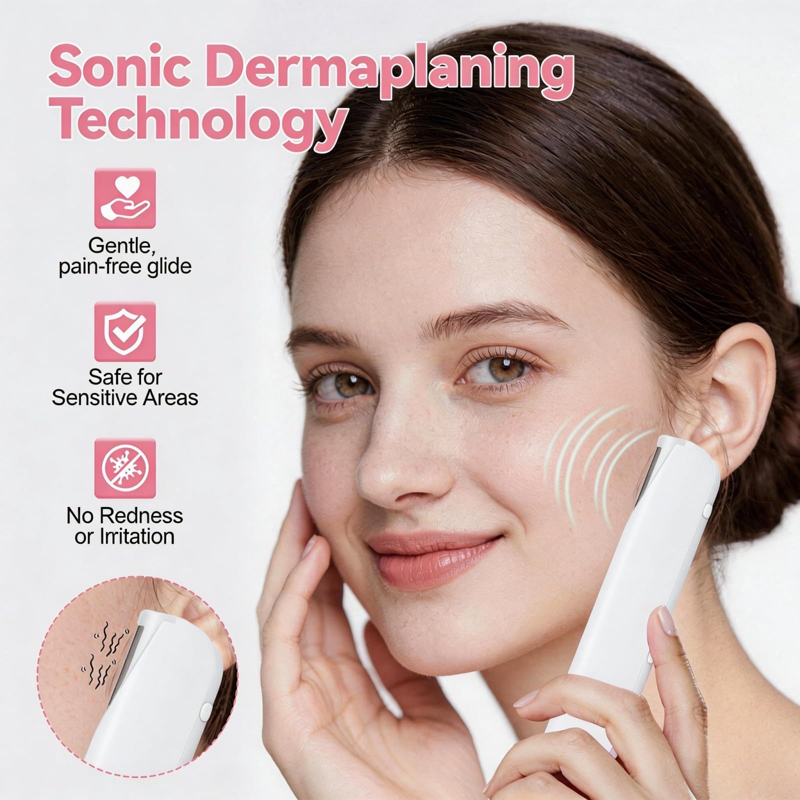 Sonic Dermaplane Razor for Women Face, Painless Facial Hair Removal & Exfoliation Tool with Magnetic Hanging Design, 10 Upgraded Micro-Mesh Blades, Removes Peach Fuzz, Gift for Her (white)