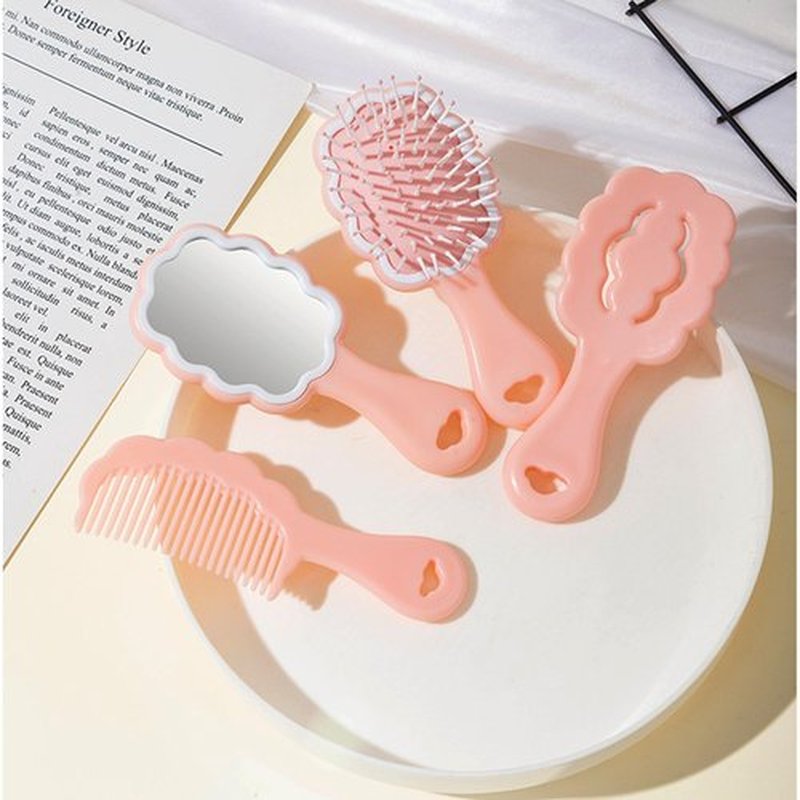 4 Pieces Mini Wet Hair Brush Hair Comb Set For Women Girls Kids Gift Small Cute Cloud shaped Hair Comb Hair Brush Handheld Mirror Set Travel Detangling Comb Massage HairBrush with Air Cushion (Pink)