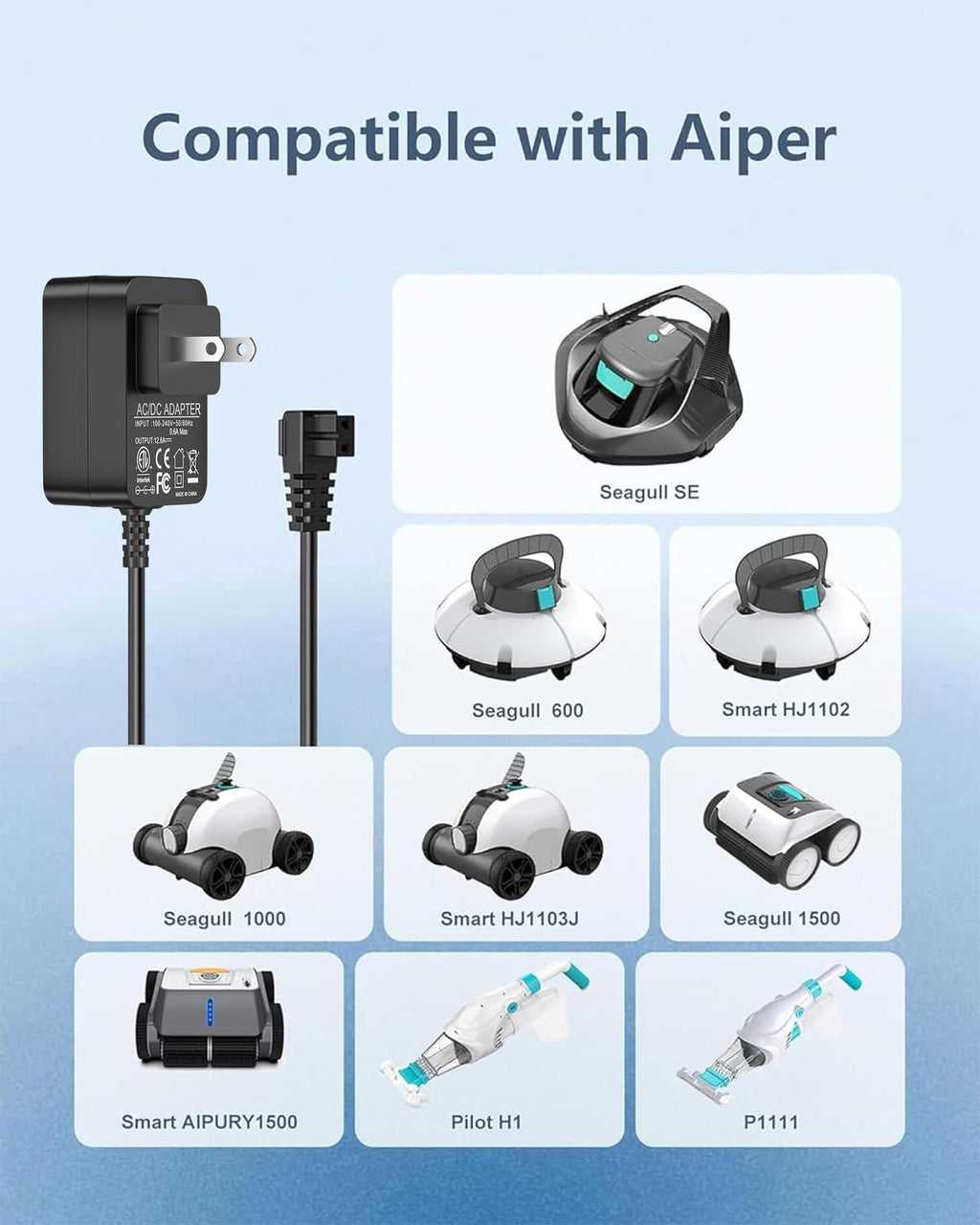 WUKUR 12.6V Charger for AIPER Seagull 600 SE 1000 1500 P1111 Pilot H1 for AIPURY 1500 Cordless Pool Vacuum Cleaner AC Adapter with 5.9FT Power Cord for HJ1103J HJ1102