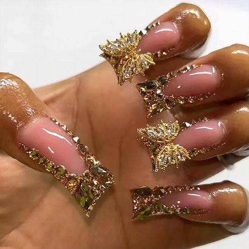 Duck Nails Press on Feet Fan Flared Fake Gold Butterfly Rhinestones Glitter French Tip Acrylic Reusable Stick on With Design for Women DIY Charm
