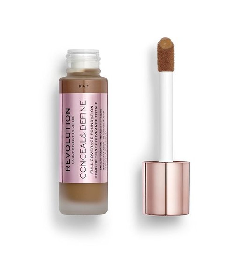Makeup Revolution Conceal and Define Foundation, Full Coverage & Matte Finish, F14.7 for Dark Skin Tones, Vegan & Cruelty-Free, 0.7 Fl Oz
