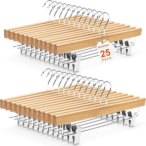 HOUSE DAY Premium Wooden Pants Hangers - 25 Pack Solid Lotus Wood with Adjustable Clips | Heavy Duty Anti-Slip Design (Natural)