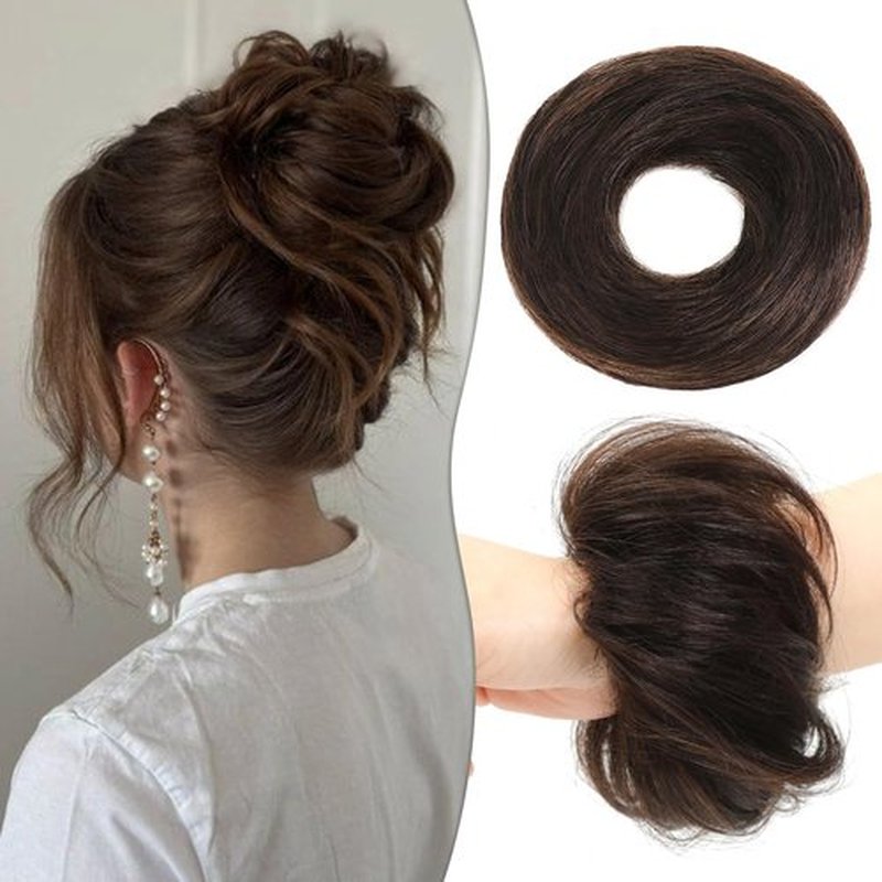2Pcs Messy Bun Hair Piece 100% Real Human Hair Bun Scrunchies Natural Tousled Stretchy Fluffy Donut Updo Ponytail Extensions with Elastic Rubber Band Fake Bun Hair for Women,Dark Brown
