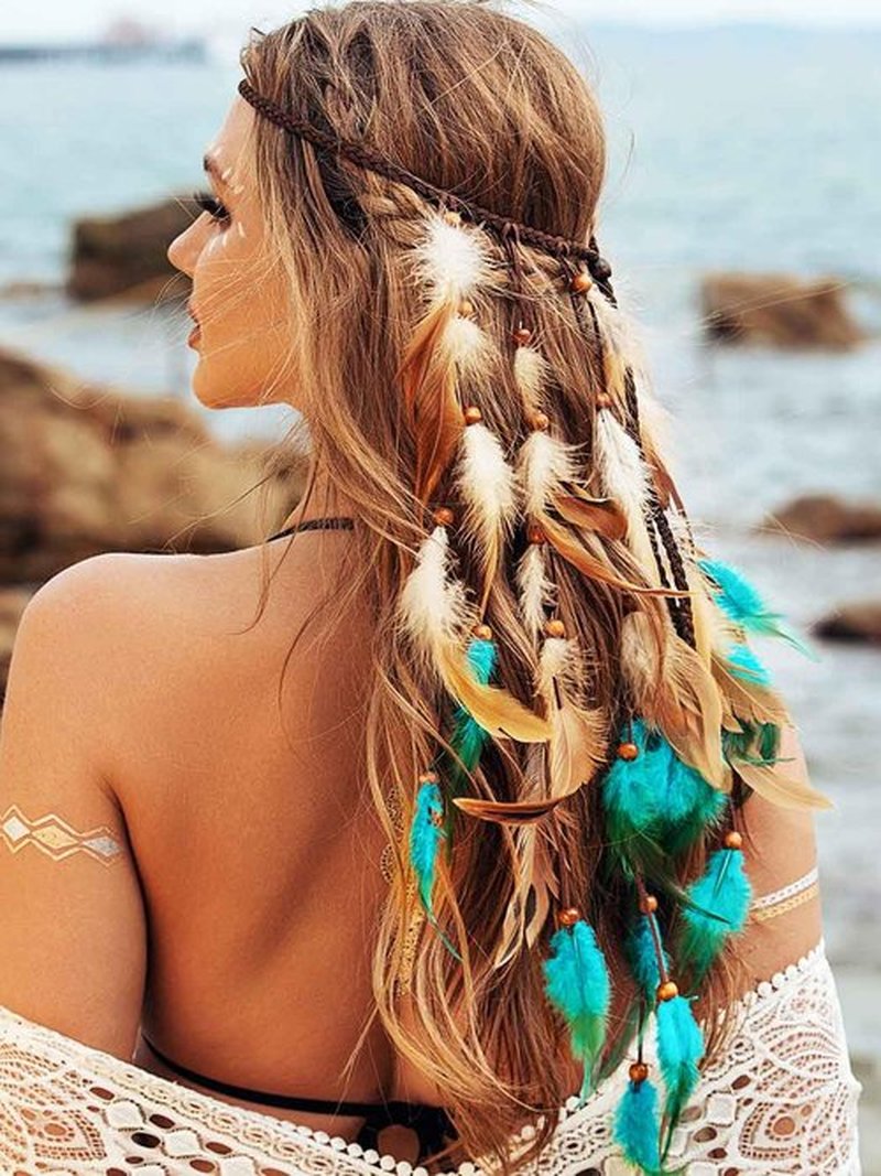 GORTIN Boho Feather Headband Hippie Headpiece Black Gypsy Costume Headdress Bohemian Headbands Indian Festival Feather Headwear Hair Accessory for Women and Girls (A-Blue+Brown)