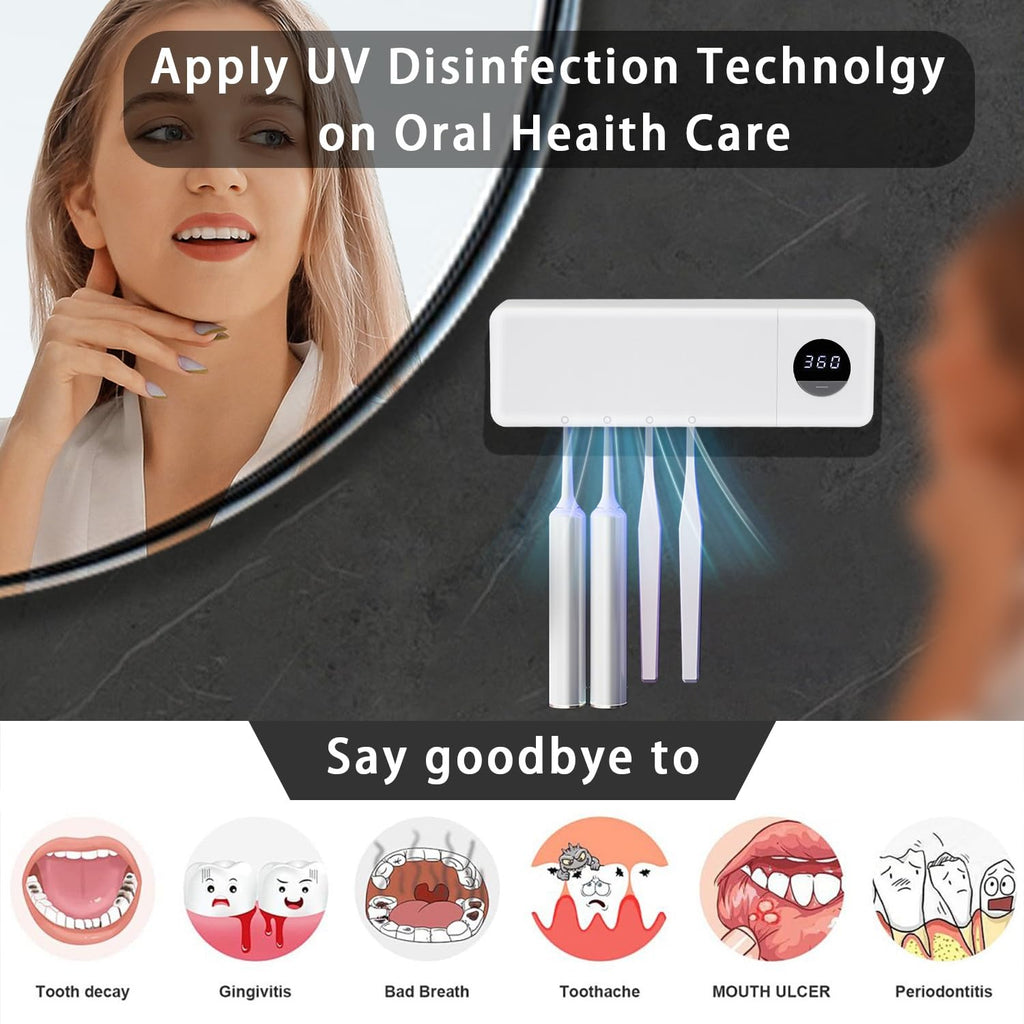 JDUanL Cordless Sanitizeri Toothbrush Holder, Sanitizeri Toothbrush Cleaner with 4 Slots & 360s Timer Function, No-Drill Rechargeable Wall Mounted Toothbrush Holders for Bathroom Family, White