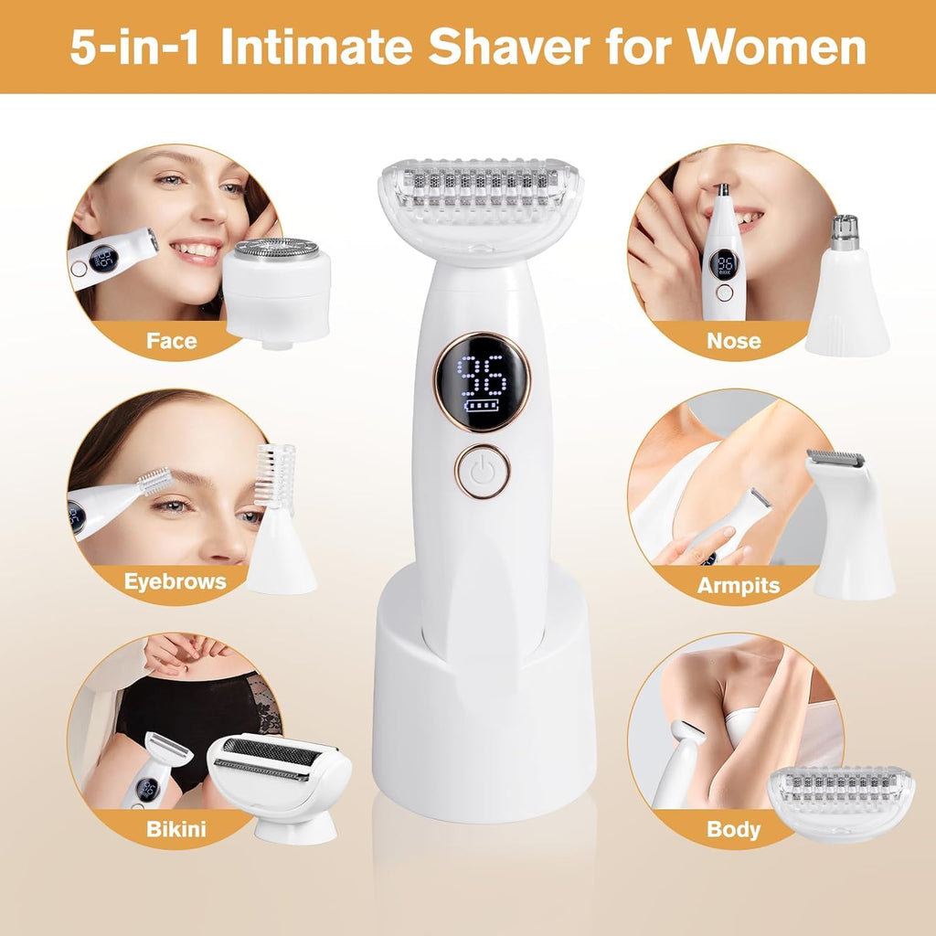 Carehabi 5-in-1 Intimate Shaver for Women, Electric Shaver, IPX7 Waterproof, USB Charging Station, Trimmer for Face, Eyebrows, Body, Bikini Zone