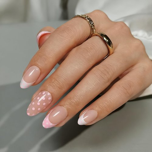 Pink Polka Dot French Tip Short Almond Press on Nails - Glitter Dots Gel Nails Kit, Reusable 32 Pcs with Glue & 16 Sizes for Women, Parties, Daily