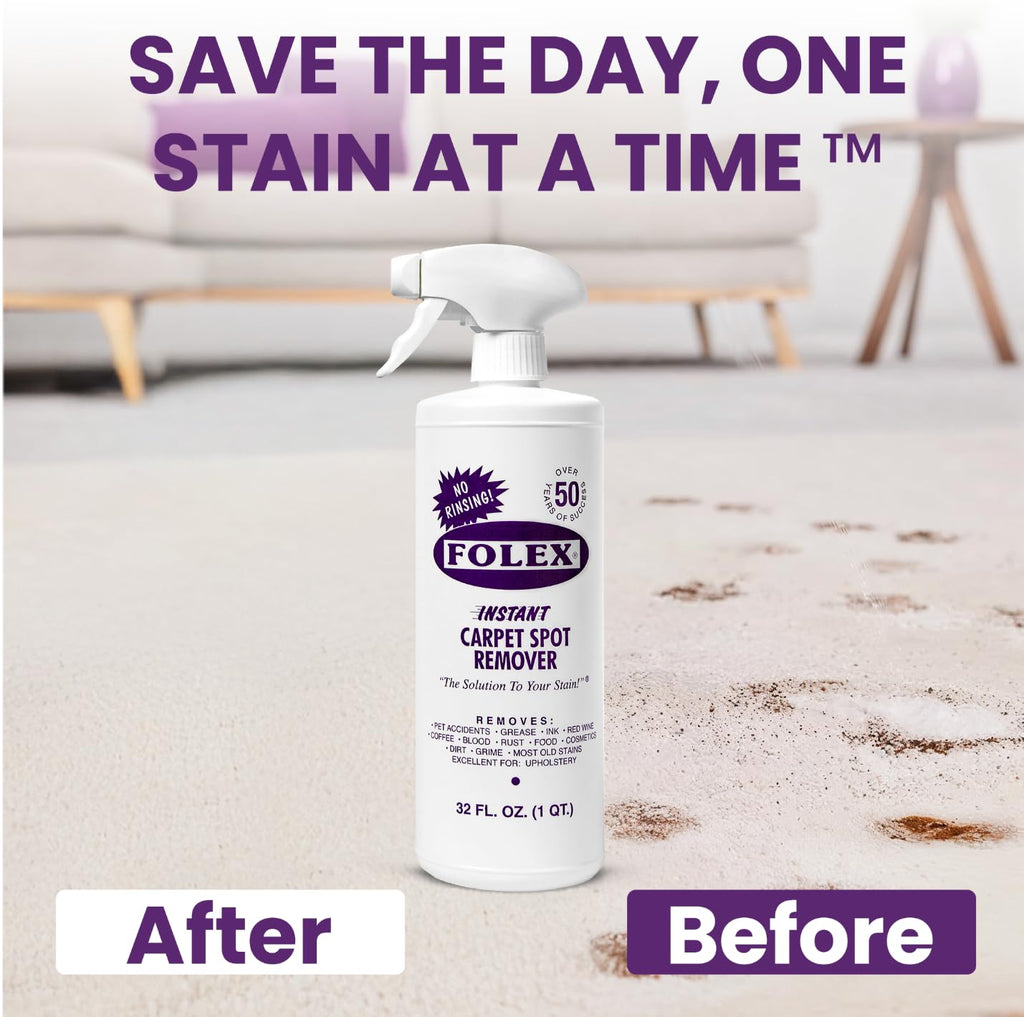 FOLEX Instant Carpet Spot Remover 32 oz – Powerful Stain Remover for Carpets, Upholstery & Rugs – Eliminates Pet Stains, Grease, Red Wine, Food, Makeup & More – With Reusable Cleaning Cloth - 1 Pack