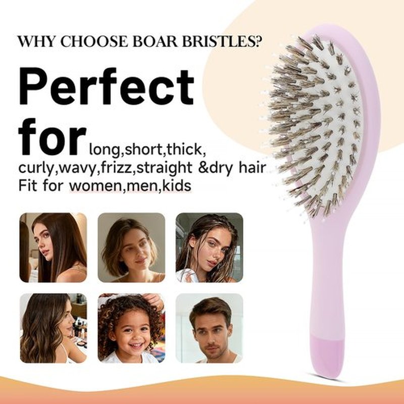 KISMETICS Boar Bristle Hair Brush -boar bristles + nylon pins， Smoothes & Detangles All Hair Types, Hairbrush for Women, Men & Kids, Distributes Oils for Natural Shine & Stimulates Scalp