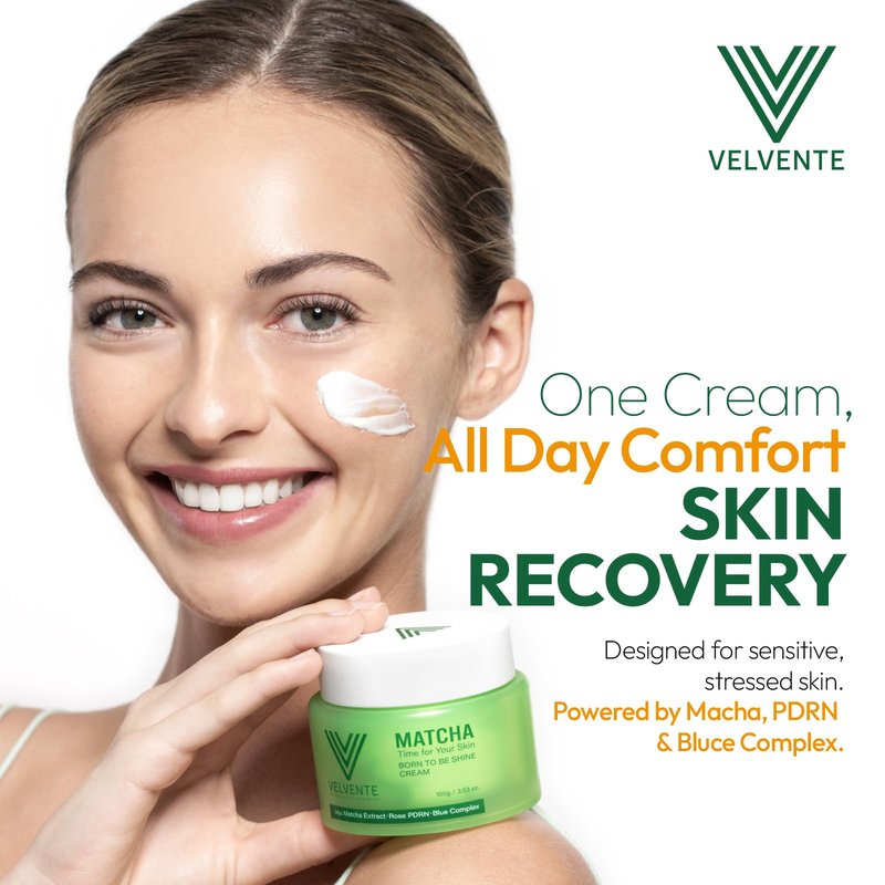 VELVENTE Matcha Hydrating Facial Moisturizer, Rose PDRN All-in-One Skin Face Cream for Redness, Dark Spot, Acne-Prone Skin, Brightening, Anti-Aging, Barrier Support Cream, Korean Skincare 3.53 oz