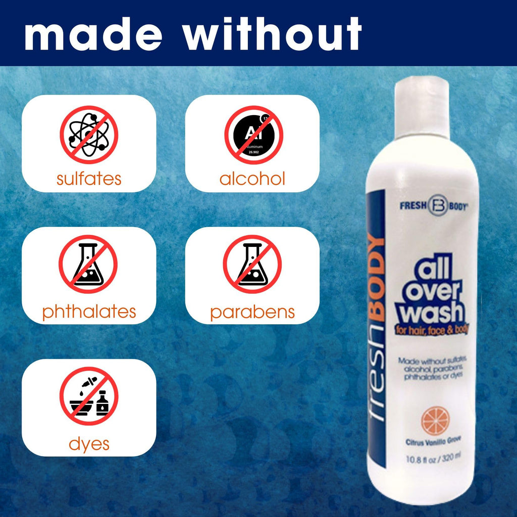 Fresh Body FB All Over Wash for Hair, Face & Body - Shampoo and Body Wash for Men & Women, Citrus Vanilla Grove Shower Gel, 10.8oz (2 Pack) Made without Alcohol, Sulfates, Dyes or Parabens