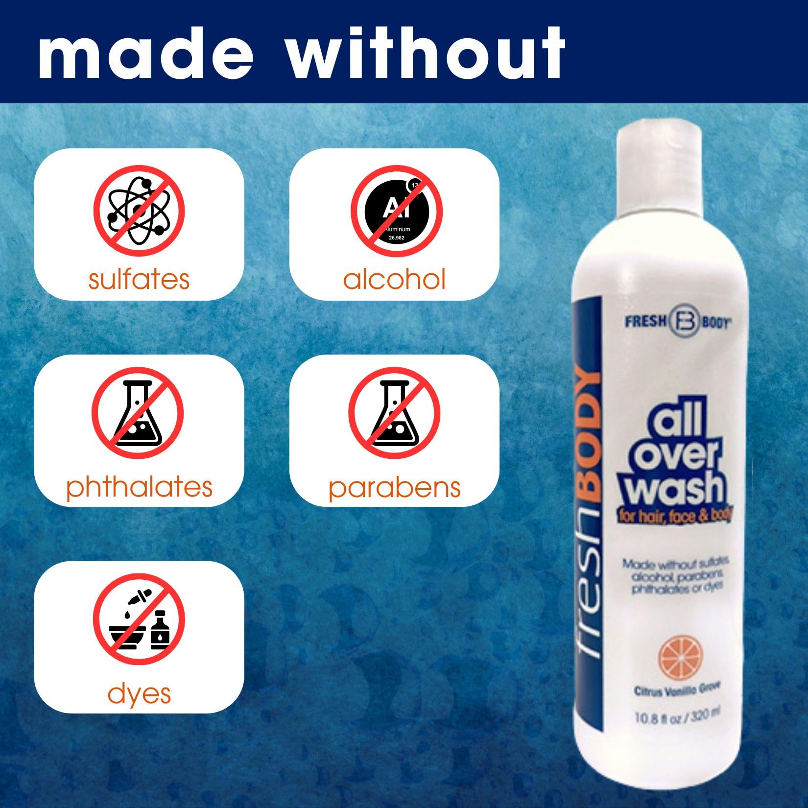 Fresh Body FB All Over Wash for Hair, Face & Body - Shampoo and Body Wash for Men & Women, Citrus Vanilla Grove Shower Gel, 10.8oz (2 Pack) Made without Alcohol, Sulfates, Dyes or Parabens