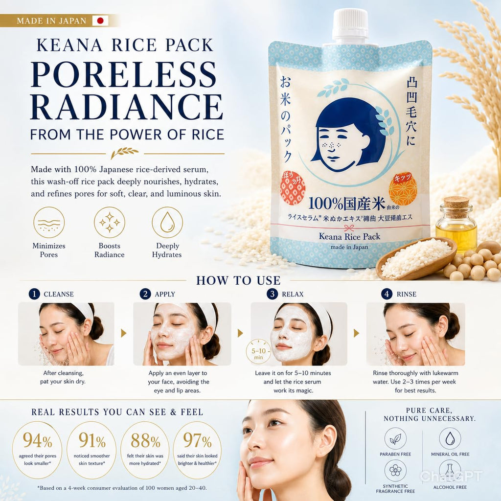 Keana Japanese Rice Face Mask – Pore Care Hydrating Wash-Off Mask with Rice Extract | Skin Smoothing & Moisturizing Facial Mask | Authentic Japanese Skincare 170g