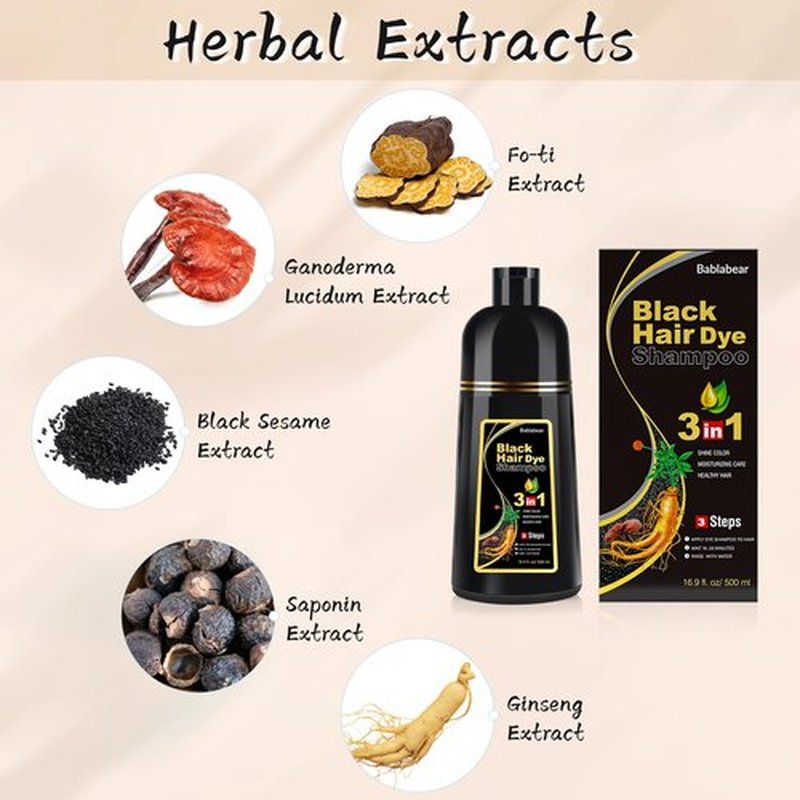 Bablabear Black Hair Dye Shampoo for Gray Hair, Semi-Permanent Hair Color Shampoo for Women and Men, Herbal Ingredients, 3 in 1 100% Grey Coverage.Lasts 30 Days/500ml/Natural herbal Ingredients