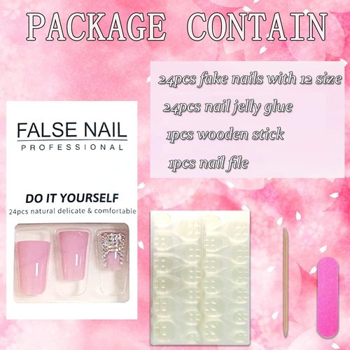 FIEONCIY Press on Nails Duck Shaped Glossy Full Cover Acrylic French False Nails with Designs Artificial Medium Duck Fake Nails with Charms Glue ons Fingernails for Women Girls(D179)