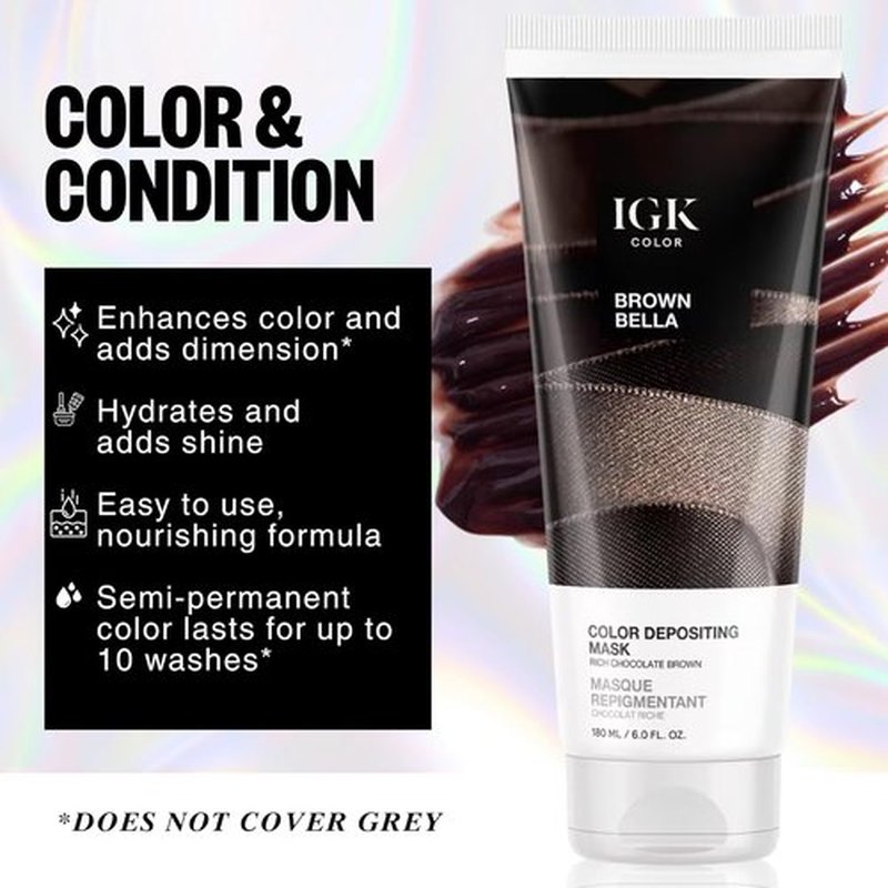IGK Brown Bella Color Depositing Hair Mask - Chocolate Brown Semi-Permanent Conditioner | Hydrating Gloss + Shine | Vegan + Cruelty-Free | 6 oz