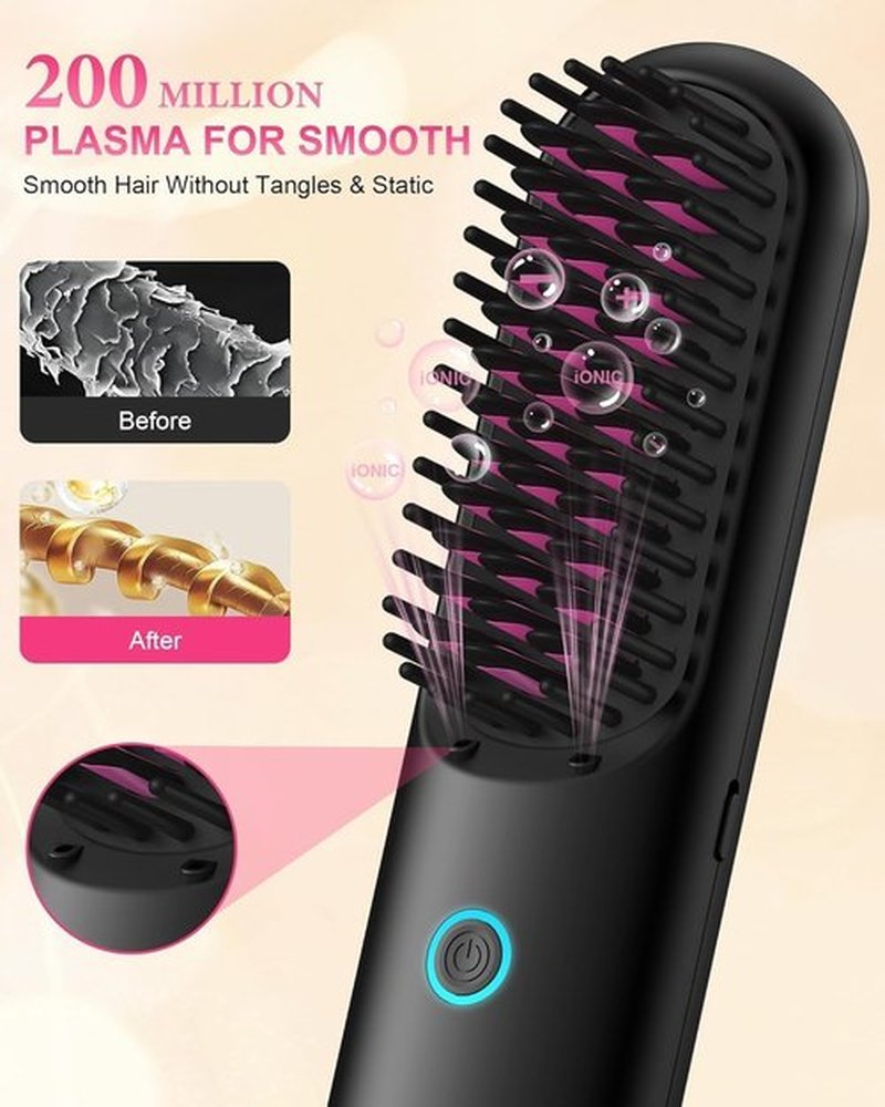 Cordless Hair Straightening Brush, Portable Straightening Brush for Travel，Plasma Fast Heating Mini Thermal Hair Straightening Comb with LCD Display, Ceramic Coated Anti-Hot, Black