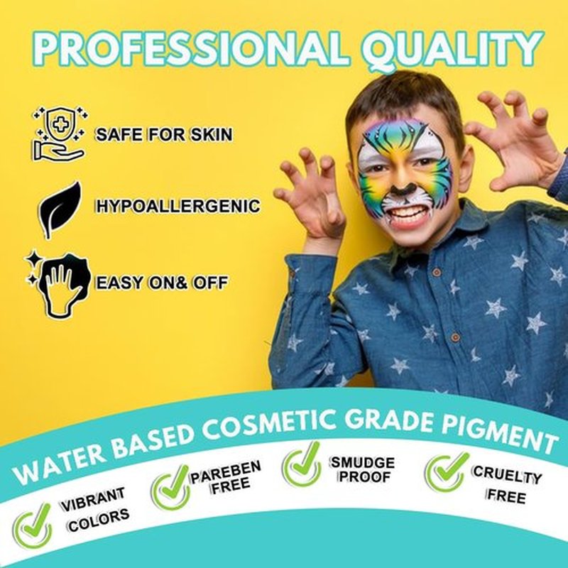 Bowitzki Face Paint Kit with 54 Colors, 8 sheets Stencils, 2 Glitters,10 Brushes, 1 Sheet Gems, Water Based Face Painting Kit, Safe Professional Halloween Party Makeup Set