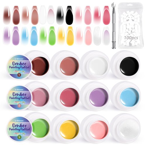 U-Shinein 12Pcs Ombre Gel Nail Polish Set,Spring Summer Colorful Painting Nail Gel with 100Pcs Nail Sponges & 4 Claws Metal Grabber for Diy Nail Art（C）