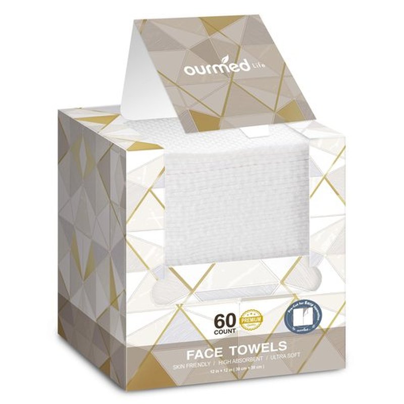 Ourmed Life Face Towels, 12"×12" Tear-Off Disposable Biodegradable Facial Towels for Sensitive Skin, Lint- free Face Wipes for Washing Face, Skincare and Makeup Removal, Dry Wipes, (60 Ct, 1 Pack)
