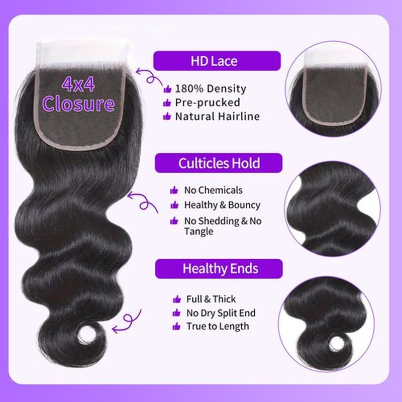 DDODLA Body Wave Bundles with Closure Human Hair 18 20 22 24 + 16 Inch Brazilian Human Hair 3 Bundles with 4x4 HD Lace Closure Part 12A Grade 100% Unprocessed Virgin Hair