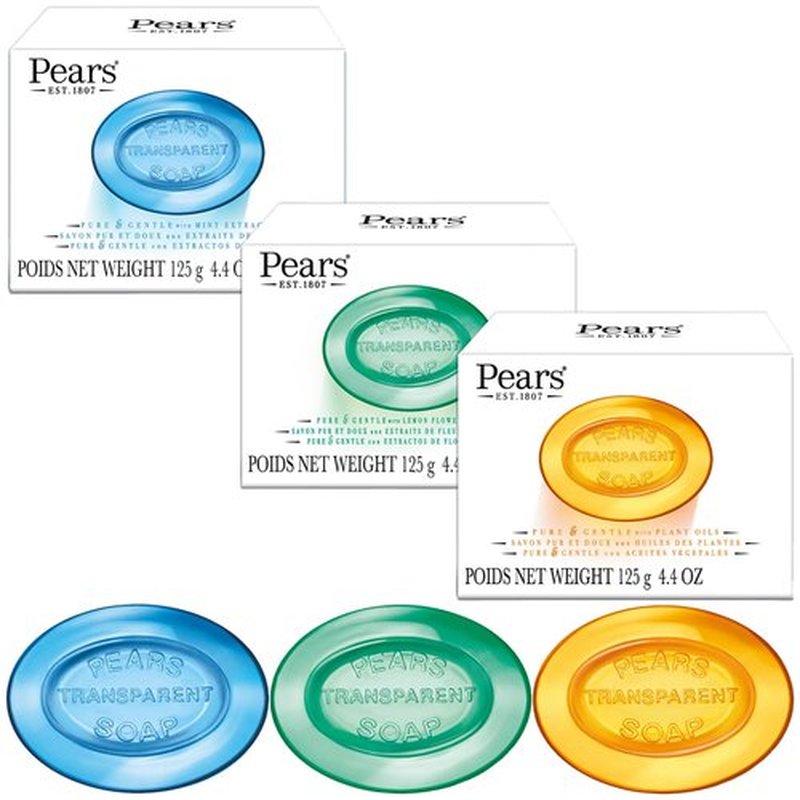 Pears Soap, Pure & Gentle Glycerin Soap Variety 3-Pack – Blue with Mint, Green with Lemon Flower Extract, and Amber with Natural Oils, 4.4 Oz Each