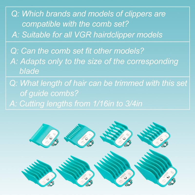 VGR 891 Professional Hair Clipper Attachment Comb Set，8 Pcs Hair Cutting Guide Combs with Limit Comb Rack for Most Hair Clippers，with Metal Clip，from 1/16 Inch to 3/4 Inch(1.5-19mm)
