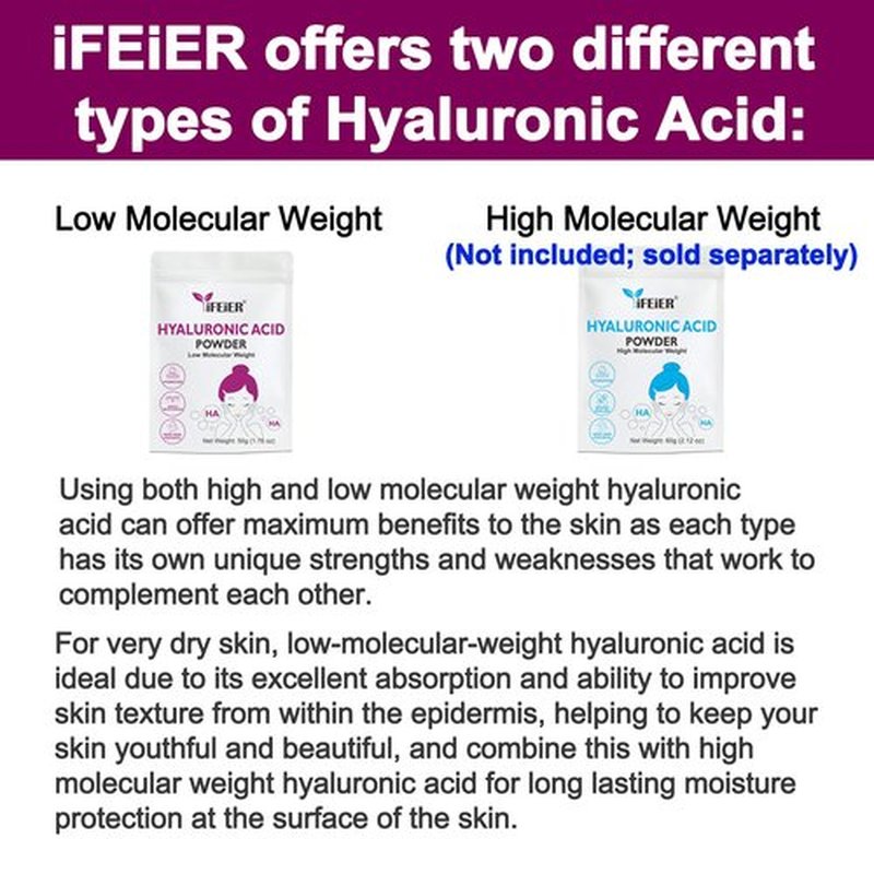 iFEiER Hyaluronic Acid Powder | Low Molecular Weight Hyaluronic Acid Powder | 50g(1.76oz) Cosmetics Grade | Sodium Hyaluronate HA | LMW HMW HA ingredient for DIY Serums