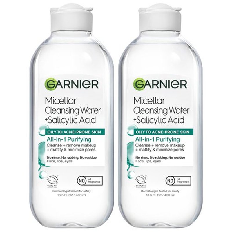 Garnier Micellar Water with Salicylic Acid, All-in-1 Mattifying Facial Cleanser and Makeup Remover for Oily and Acne Prone Skin, 13.5 Fl Oz, Pack of 2