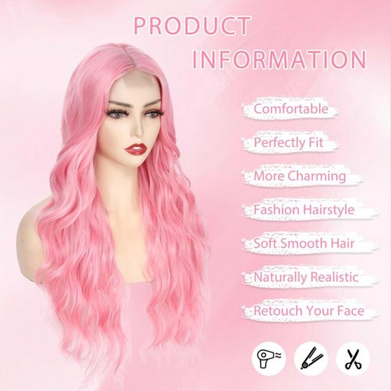 Angzon Long Pink Wavy Wig Middle Part for Women 26 Inch Light Pink Curly Wavy Wigs Natural Looking Synthetic Heat Resistant Fiber Wig for Daily Party Use