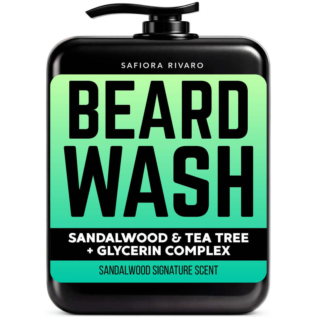 Safiora Rivaro Beard Wash for Men with Tea Tree & Sandalwood – Hydrating Beard Shampoo Softener for Coarse Hair, Grooming Cleanser for Daily Care Routine – Moisturizing Wash for Black Men (16 Fl Oz)
