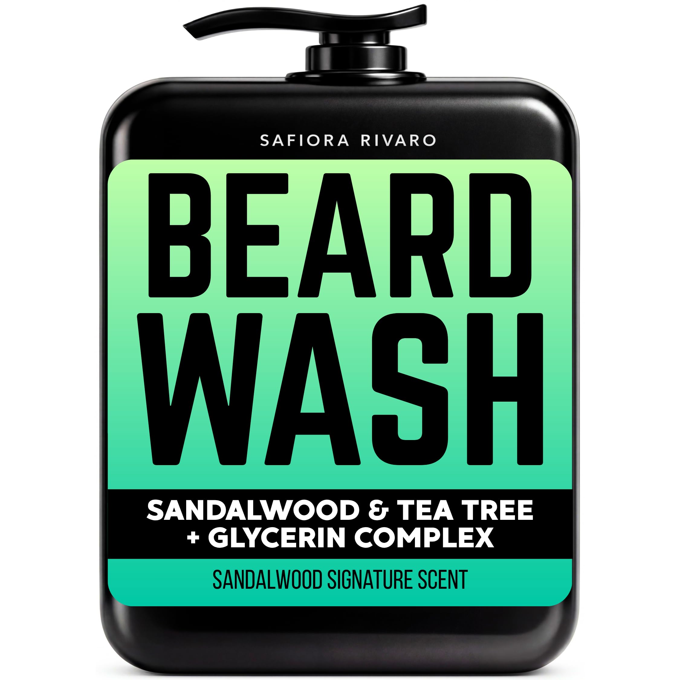 Safiora Rivaro Beard Wash for Men with Tea Tree & Sandalwood – Hydrating Beard Shampoo Softener for Coarse Hair, Grooming Cleanser for Daily Care Routine – Moisturizing Wash for Black Men (16 Fl Oz)