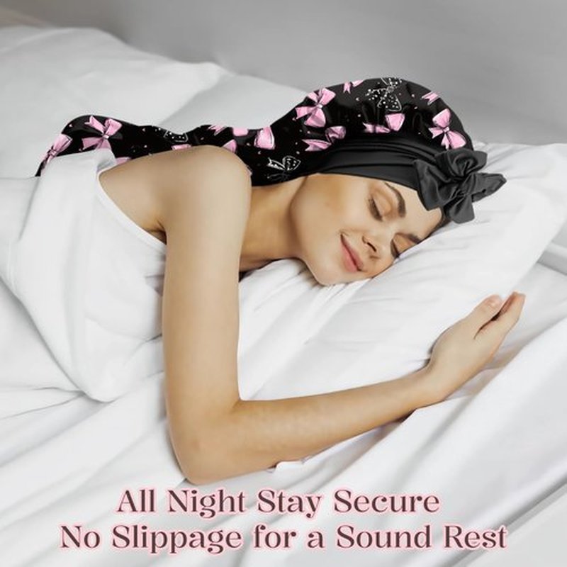 Cabreche Long Satin Hair Braid Bonnet for Sleeping Double Layer Soft Silk Lined Tie Band Wide Elastic Silky Nightcap for Women Girls Cute-Black Pink Bowknot