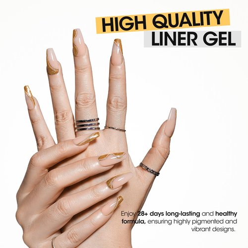 GELLEN Gold Silver Liner Gel Nail Polish, 2Pcs 10ml Soak off Uv Lamp Glitter Nail Art Polish Set with Built Thin Brush, Gel Art Paint for Sparkly Shiny Swirl Nails, Christmas Diy Gift for Women Girls