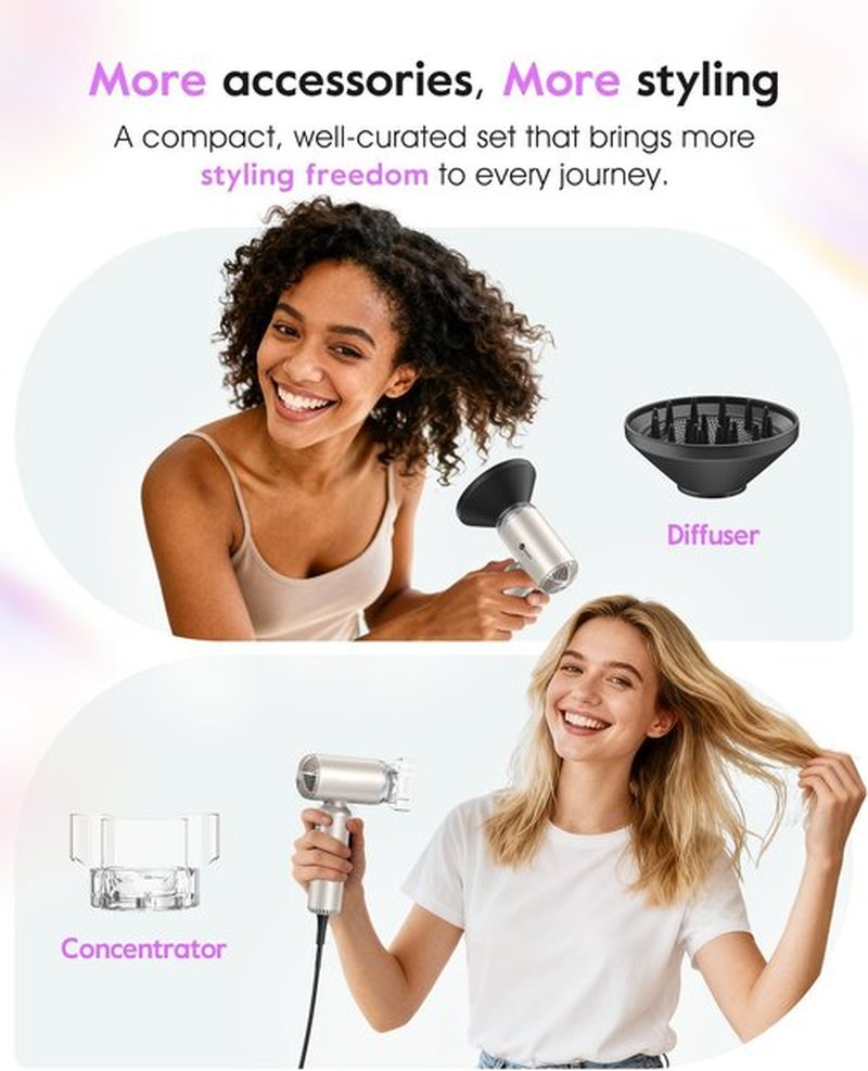 Slopehill Dual Voltage Mini Hair Dryer - Lightweight Ionic Blow Dryer for Fast Drying | Compact & Quiet with Magnetic Diffuser, 100-240V