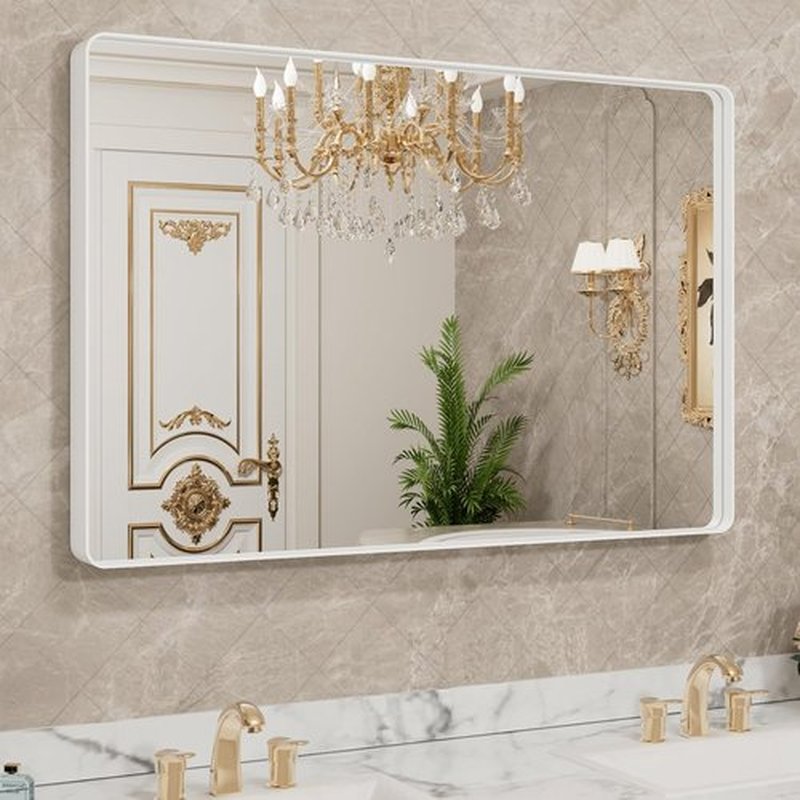 LOAAO White Metal Framed Bathroom Mirror - Large 40x36 Inch Rounded Rectangle | Anti-Rust Tempered Glass