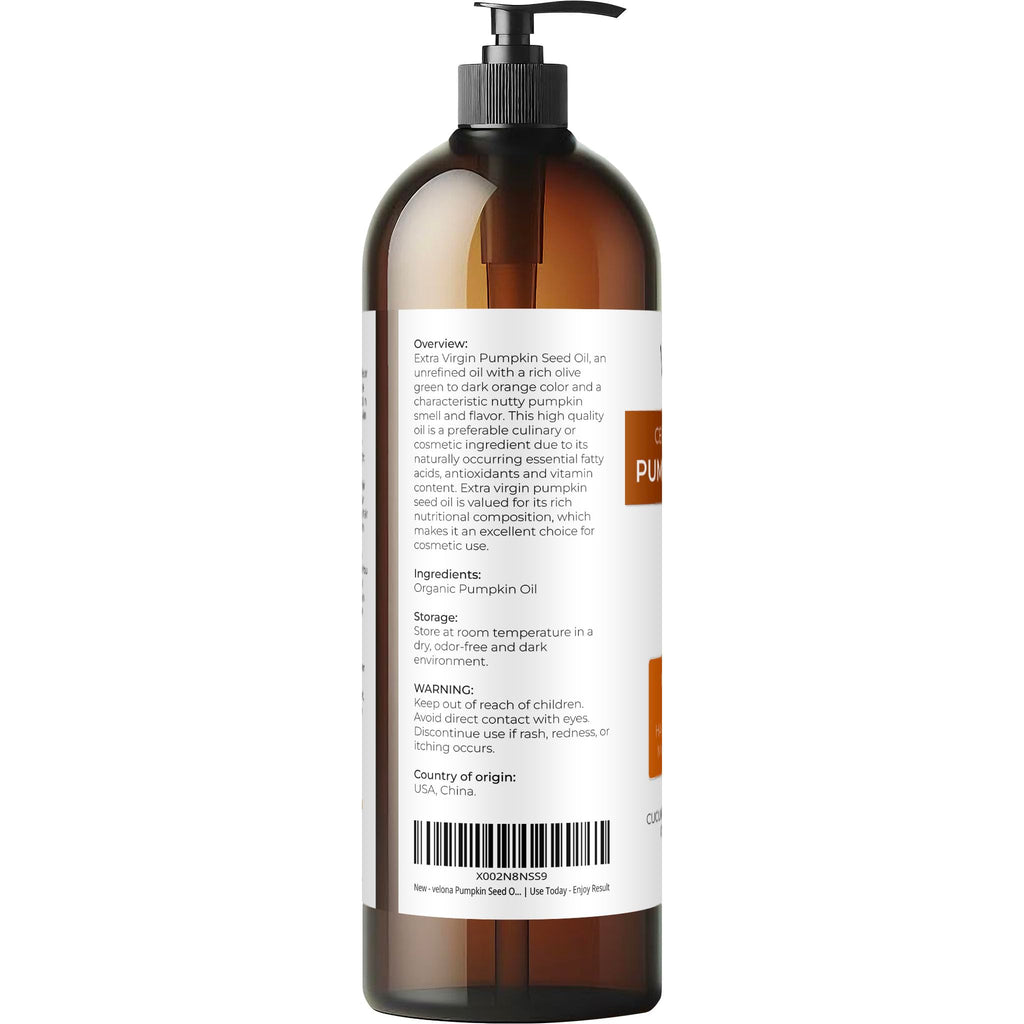 velona Pumpkin Seed Oil USDA Certified Organic - 32 fl oz | 100% Pure and Natural Carrier Oil | Unrefined, Cold Pressed | Cooking, Face, Hair, Body & Skin Care | Use Today - Enjoy Result