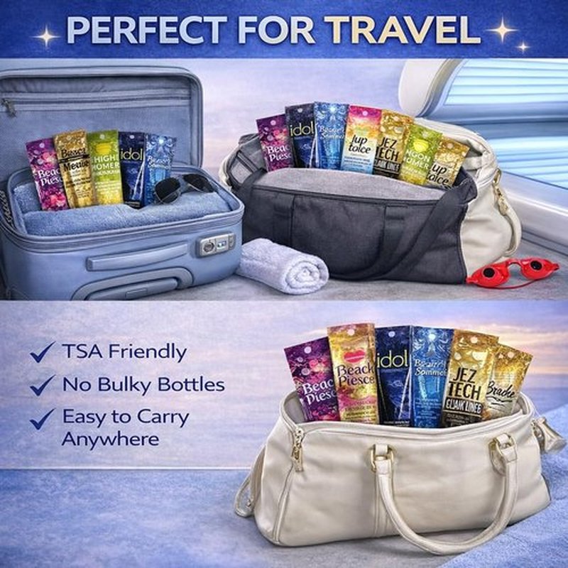 10 Pack of Tanning Bed Lotion Packets + Eyewear – The Tan Box, Best Indoor UV or Outdoor Sun Cream, Dark Accelerator with Goggles (0.5 oz each)