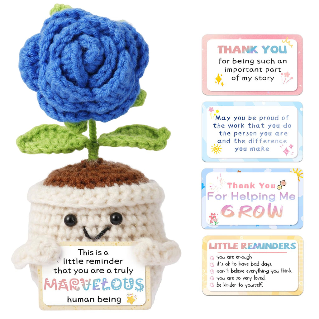 QAOULS Emotional Support Crochet Positive Rose Flower Inspirational Gifts for Men, Father's Day Birthday Thank You Gifts from Son Daughter Handmade Knitted Plant w/Card for Desk Decor