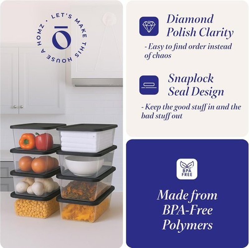 HOMZ 10-Pack Snaplock Storage Bins - Clear Plastic Organizer Containers with Lids, 6 Quart, Gray
