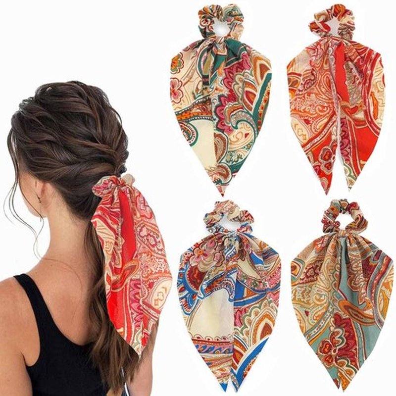 Jewemia Boho Hair Scarf Scrunchies for Women Bow Hair Ties Floral Hair Scrunchies Silk Elastic Ponytail Holder Hair Accessories for Girls 4 pcs (Boho)