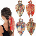 Jewemia Boho Hair Scarf Scrunchies for Women Bow Hair Ties Floral Hair Scrunchies Silk Elastic Ponytail Holder Hair Accessories for Girls 4 pcs (Boho)